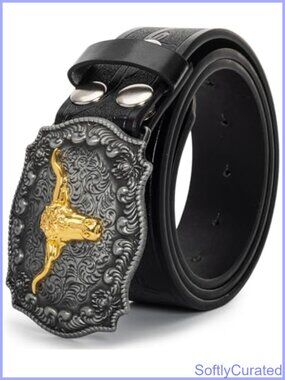 Western Cowboy Belt Faux Leather Bull Buckle 1.5"